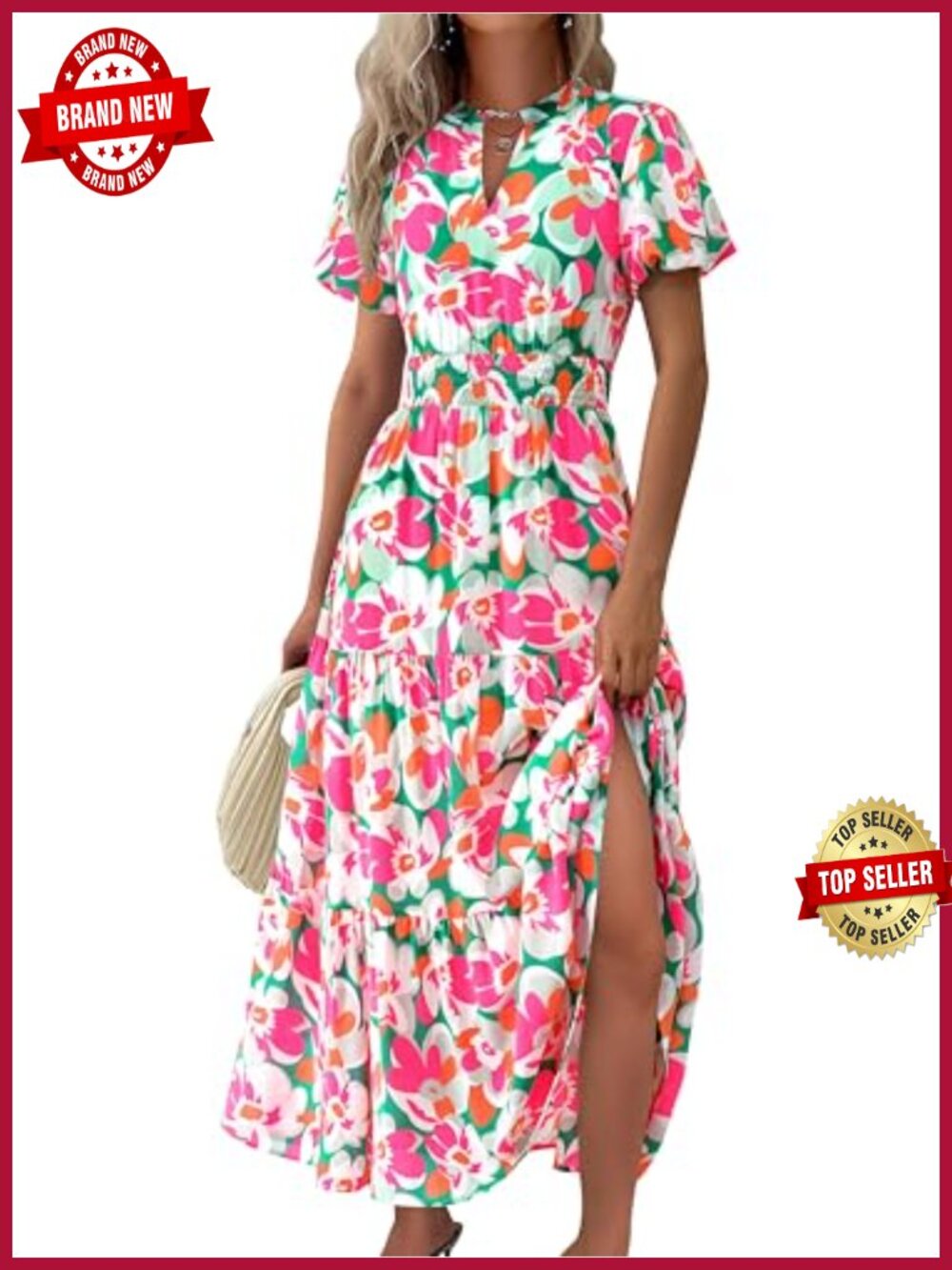 Women's Floral Boho Maxi Dress Short Sleeve Smocked Waist V-Neck